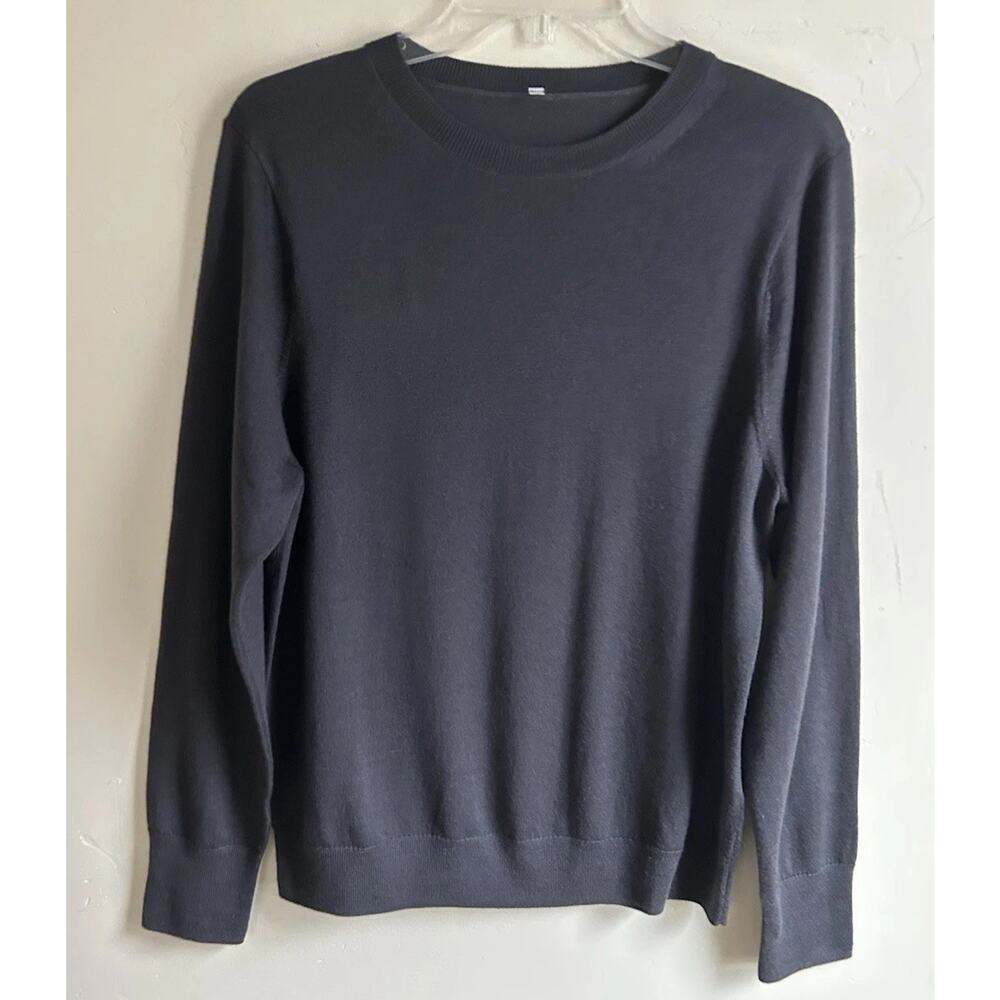 Mens 100% Wool Sweater L Dark Gray Crew Neck Lightweight Pullover Knit